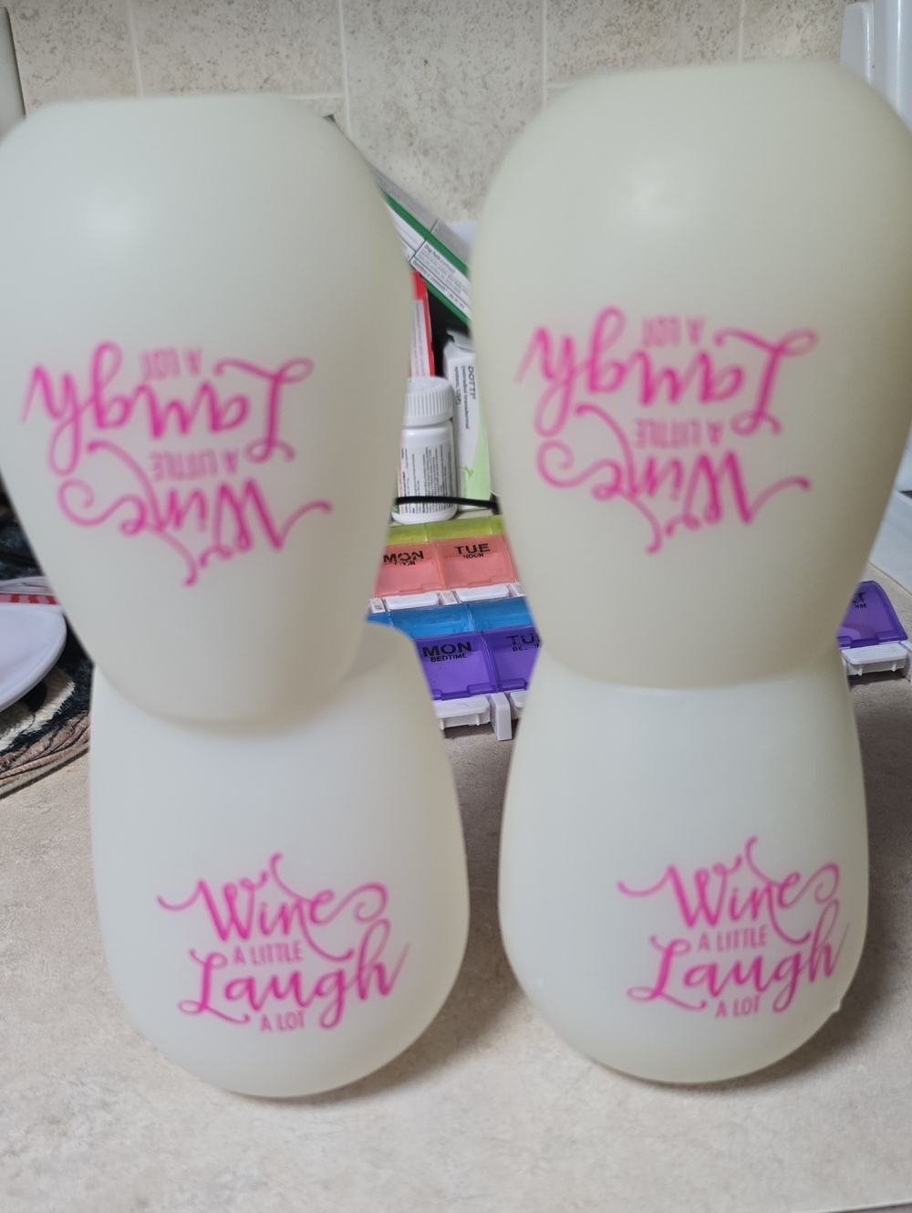 Wine A Little Laugh Stemless Wine Glasses - Pink Script